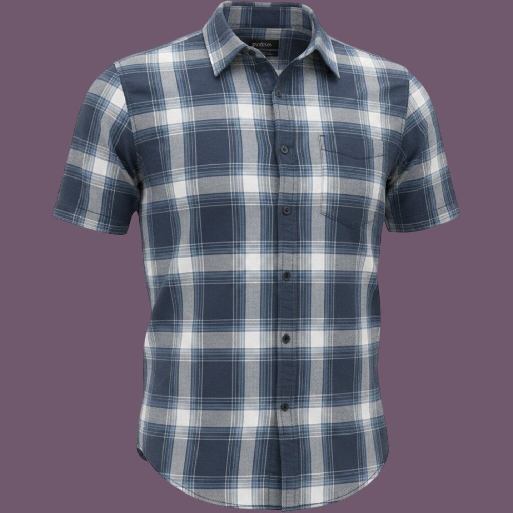 Prana Shirt Mens Medium Blue Plaid Organic Cotton Short SleeveCasual Hiking